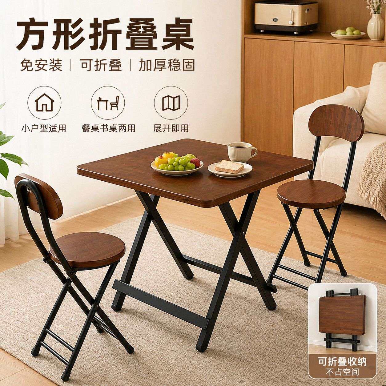 折叠餐桌家用小户型80x80桌子简易出租屋吃饭桌正方形手提便携式