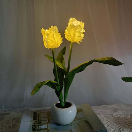 带齿郁金香假花灯酒店仿真花小夜灯室内客厅卧室仿真花LED摆设灯