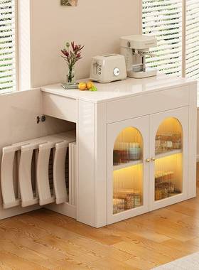 奶油风缩实EXQ木餐桌伸餐岛边柜一体台小能户型省空间多功高档折