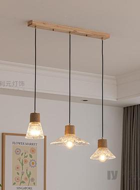 日式原木风玻吊灯餐吧台橱窗小吊灯商璃QMM用三头绳麻圆盘餐厅吊