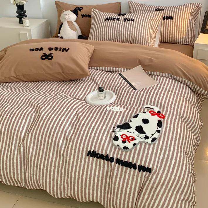 毛巾绣秋全棉磨毛四件套冬季100纯棉加厚被QNW套三套学生件可爱猫