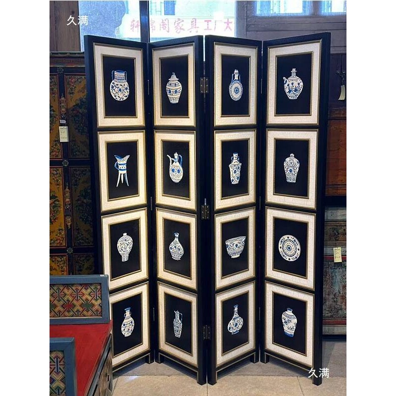 青花瓷屏风中花瓶客厅隔断折叠沙发背景两扇四扇六扇双面设计