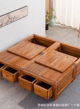 中床式老实榆木卧室双人床实榻榻米榫卯结构木高箱储物民宿99024