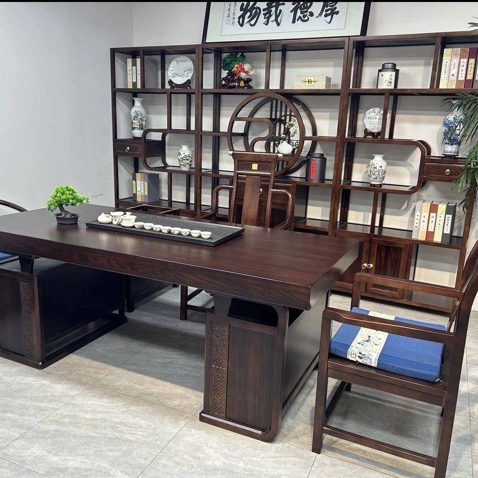 乌木实金大板木书桌办公茶桌组新中式高端办公桌单GWT桌绢合花通