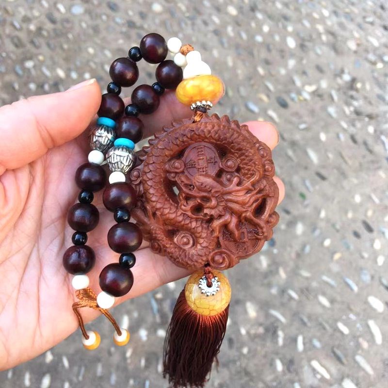 桃木龙车挂生肖龙汽车挂饰盘龙戏珠单龙戏珠车内饰品后视镜挂件