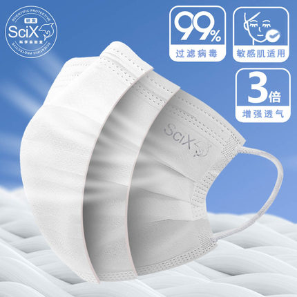 SciX蓝色标准高透气防护口罩3层熔喷PFE99轻薄防尘敏感肌适用白色