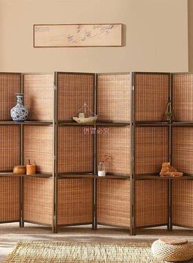 新中折式竹编风隔复古屏做旧屏折叠移动BPZ客厅茶室饭店断书房办