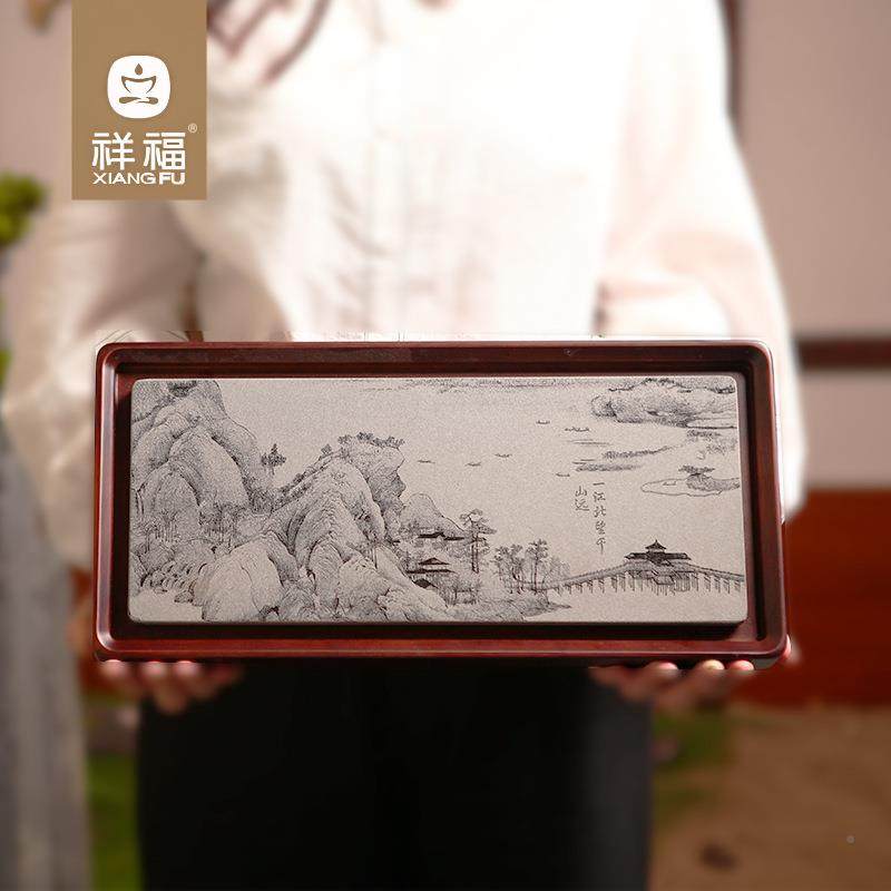 新款竹具制乌金石排水方干泡无垠茶盘长形中式茶台湿两用茶家用办