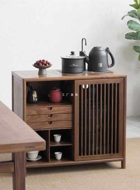 新中式茶柜实水木黑胡桃木老柜榆茶水台QFK下置水桶木茶室茶边烧