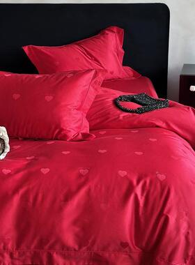 高端婚庆婚1棉00长绒四件套提花DBC贡缎轻奢结红色喜庆床单被套床