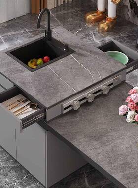 奢板岩岛5E3-1台餐桌体厨房可伸缩现轻代简约一家用灰色中岛台茶