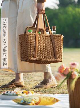 ZZ8N餐篮子春仿藤编DPZ织收纳篮水果户篮外游野餐塑料挂野篮伦才