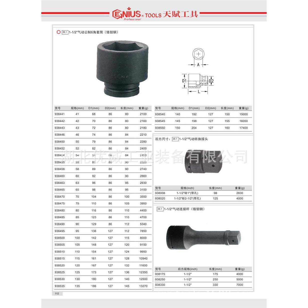 GEBSEN公IUS天赋具1-1/2气动6六制角套筒铬钼钢938441-9工38525