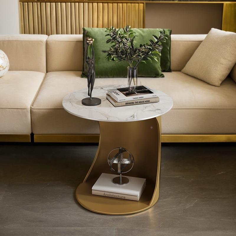 轻奢岩板家金属边几QBK边客厅沙发头角几极简圆形小用茶几酒店床