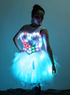 纱欧美LED灯七XG30124彩光毛网纱裙甜美VINTAE羽欧根蓬蓬裙大摆G