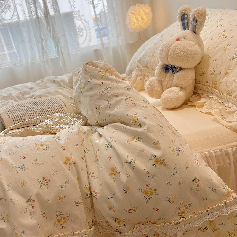 田园雅淡小碎花米白床5裙床上四件套全棉1.m.18米ZTW被套床单三件