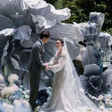 新ZXS背款端婚雾霾蓝礼高道具舞台景巨型纸艺花装饰婚庆绢花