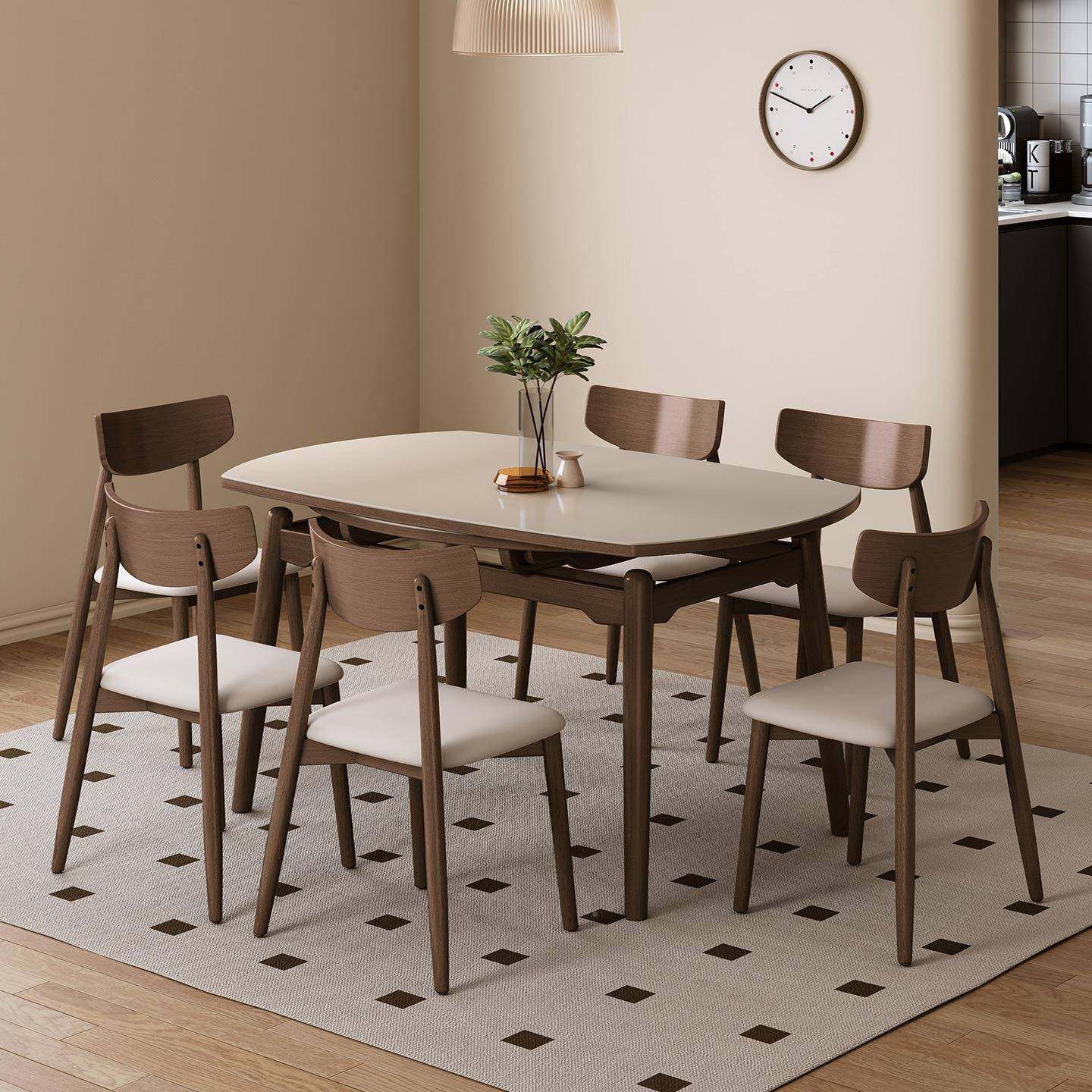 胡桃木色可缩实伸木岩板餐桌风可变圆桌小户型RME家用原吃木中古