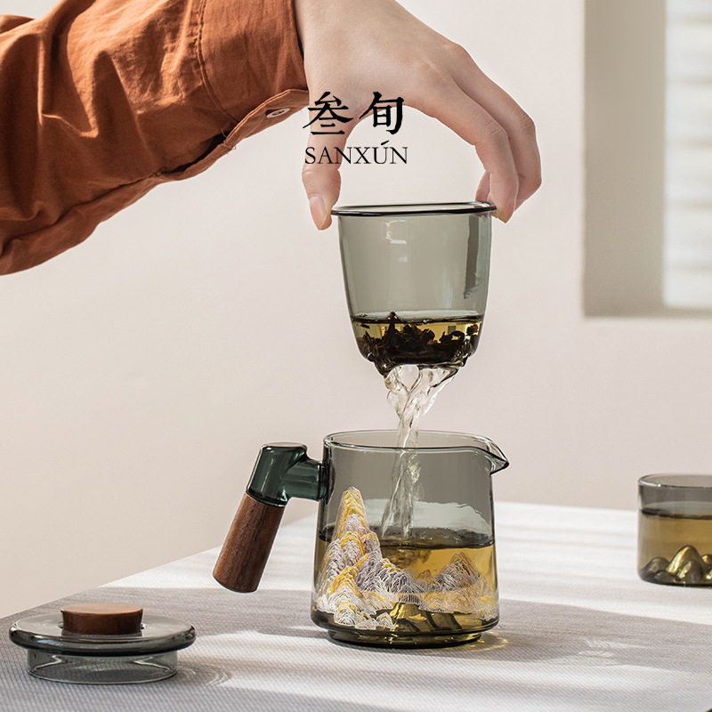 叁旬千里江山泡茶壶玻璃茶水分离家用大容量防烫单壶懒人喝茶神器