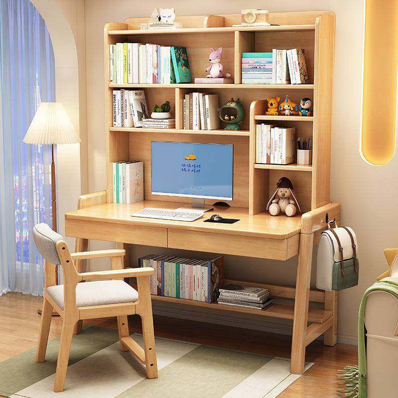实木桌书书架卧室简约家用中小学生写字桌升童降可一体式SHV儿学