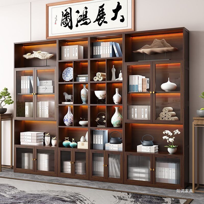 新中式博古架隔断茶室背景置物架2025年多宝阁商用隔断带灯展示柜
