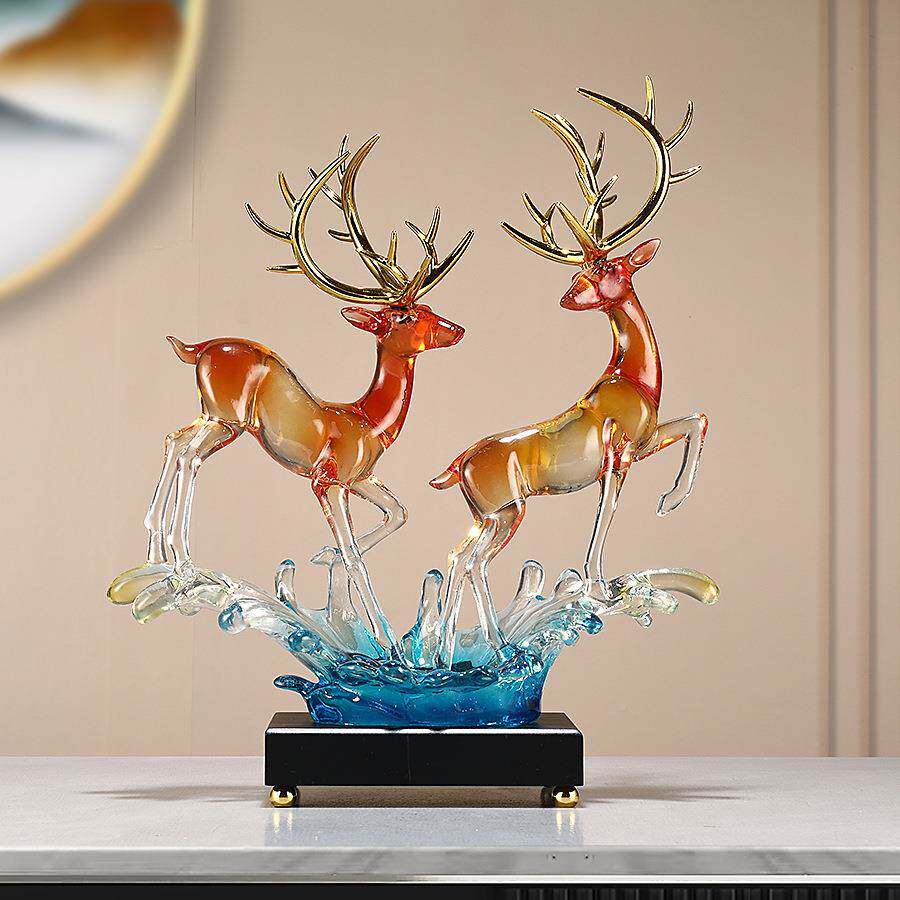 新中式侣鹿摆件招财仿公水晶客厅电视柜装饰品办室情摆桌BZD面设