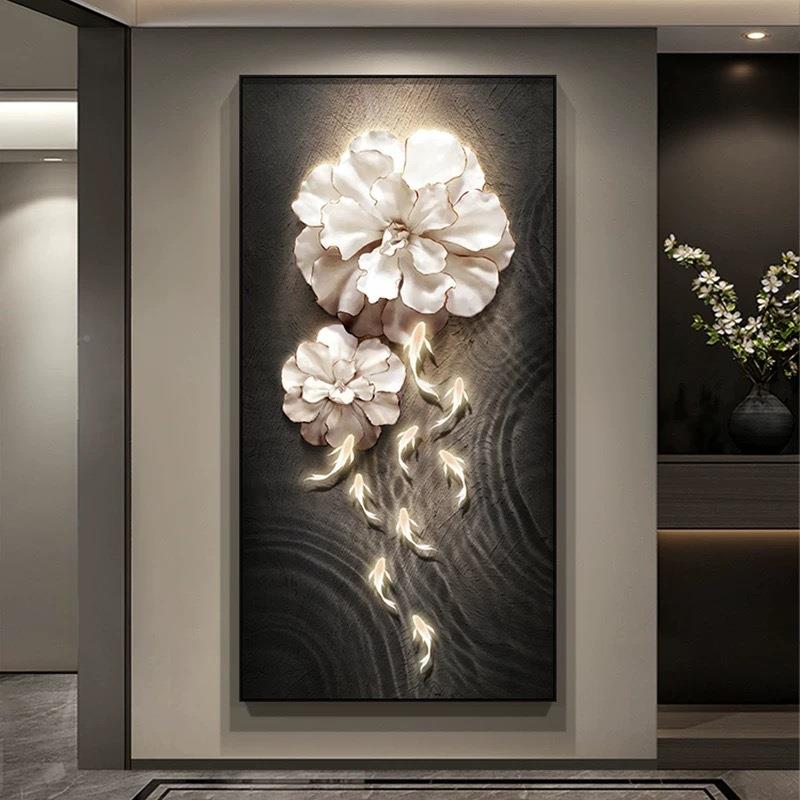 九鱼图画花卉入户玄关现代简约装饰奢轻壁高画端走廊过道竖版USE