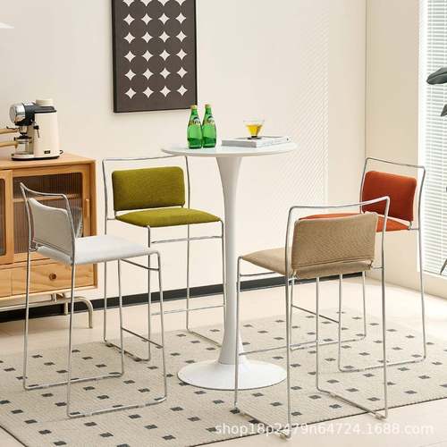 吧台中古风简椅计约家用高脚餐椅设95师简法式复古极岛台靠背吧凳