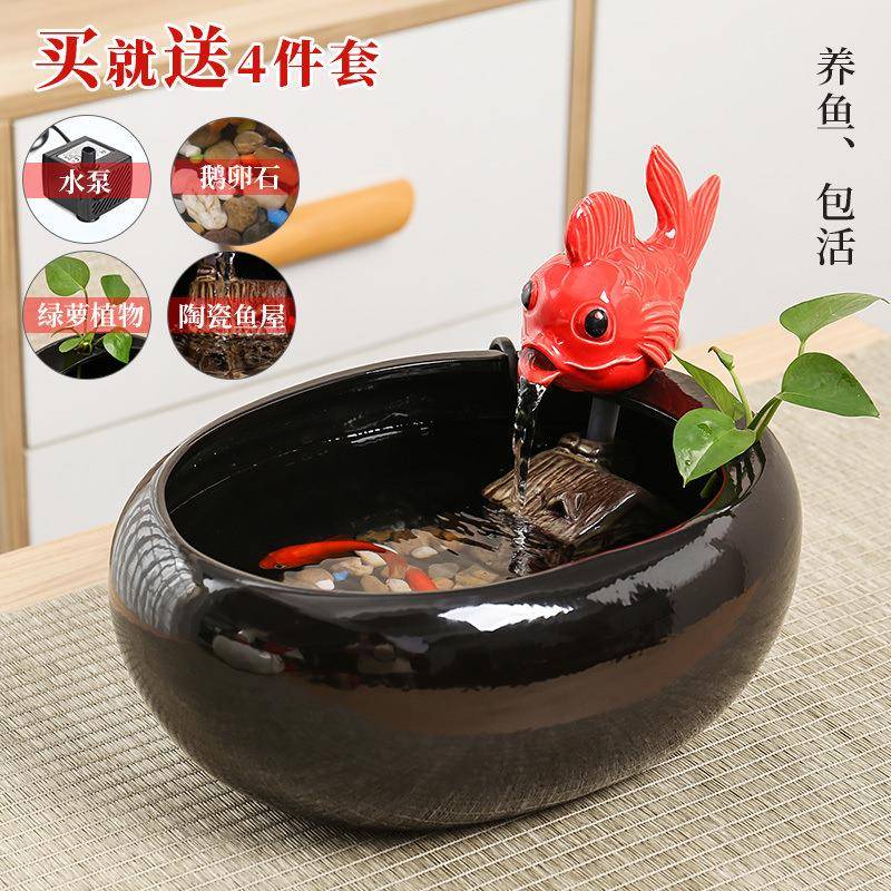 陶瓷自动循环流水摆件招财鱼小型家用猫室内湿加器宠MIH物咪饮缸
