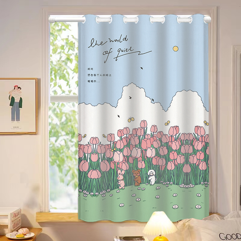 窗帘免打孔安装伸缩杆儿童房短款全遮光飘窗卧室卫生间防水小窗帘