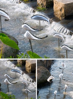 不锈钢鱼雕塑抽象金属铁艺工艺术品室内花园庭院水池景观装饰摆件