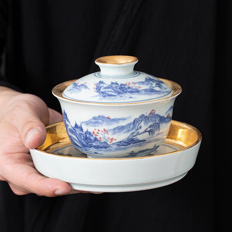盖碗茶杯陶瓷茶具鎏金三才盖碗茶碗手绘纯手工茶盏功夫泡茶碗礼盒