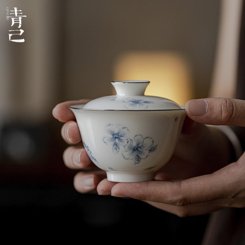 青己 青花手绘蝴蝶陶瓷盖碗 玉泥白瓷釉下彩蝶恋花文人泡茶碗茶具