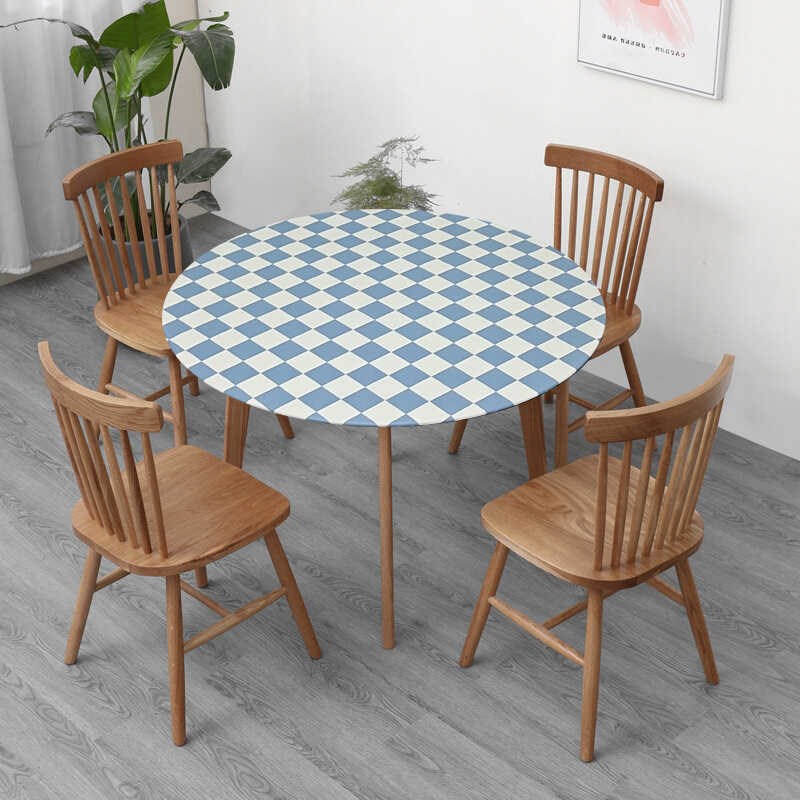 现代圆桌罩家用圆形饭桌布松紧全包防滑防水免洗餐桌罩格子台布