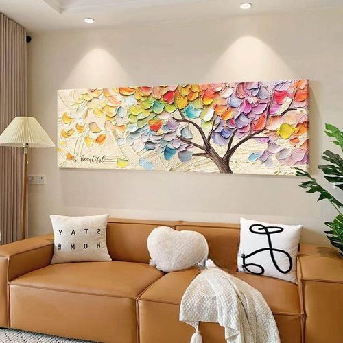 招财树客厅大白墙装饰画2025新款沙发背景墙挂画高级感横幅墙壁画