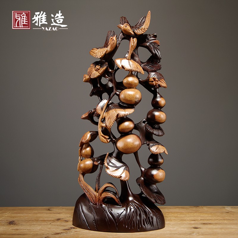 黑檀木雕五福临门葫芦摆件实木质家居客厅装饰工艺品乔迁新居送礼