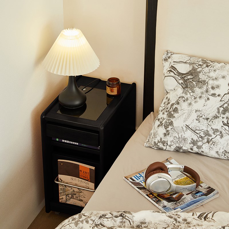 法式复古极窄床头柜小型30公分窄柜可移动实木边柜时序窄夹缝柜