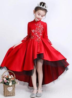 正品秀童中女式国风礼服高档红舞色台走潮服儿童主持人演讲钢琴演