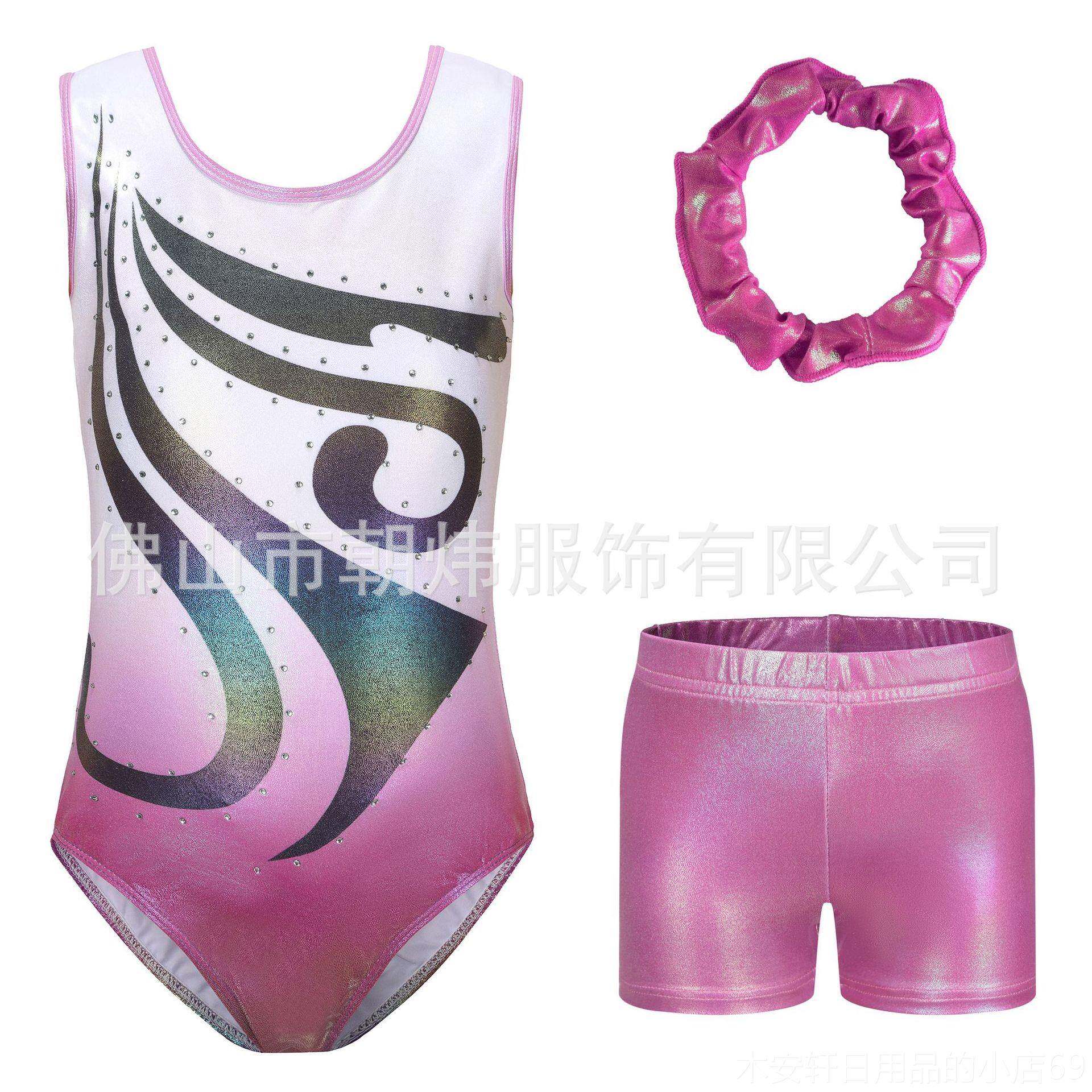正品连新款欧美表演体操服袖印花女长童三角体短体裤儿童操舞蹈训