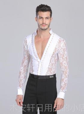 正品拉丁舞演出舞服男性感丝深V黑色蕾新款国标交谊摩登蹈表演白