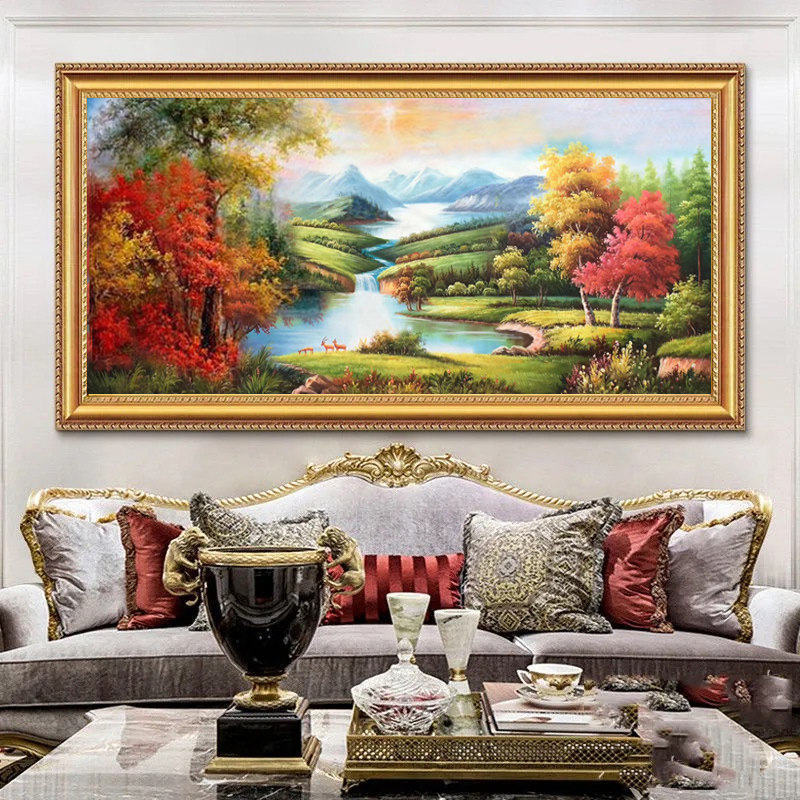 纯手绘油画欧式靠山画玄关沙发横版挂画客厅装饰画山水风景聚宝盆