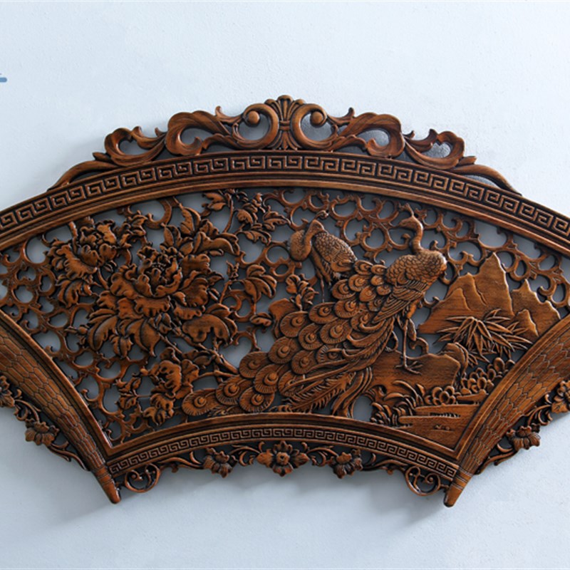 东阳木雕刻工艺品客厅玄关卧室背景墙装饰品中式挂件香樟木 扇形