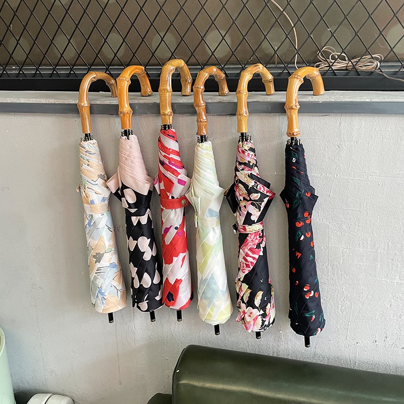绝美~雨天专用复古印花樱桃雨伞二折竹柄女士高端气质折叠伞