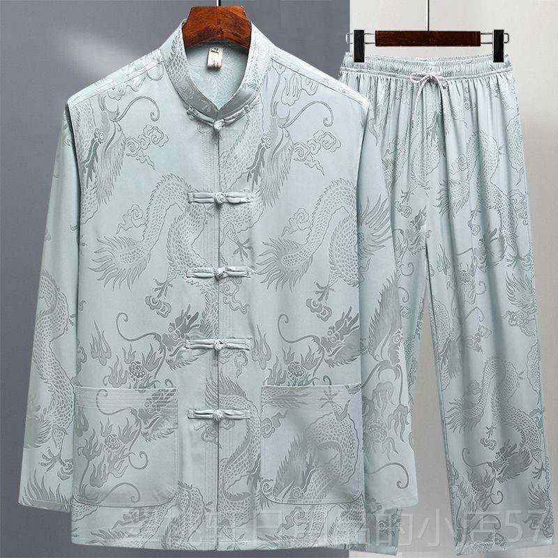 正品装男冰丝长袖套装春夏中老年复古风汉服爸唐爸老人爷爷太晨练
