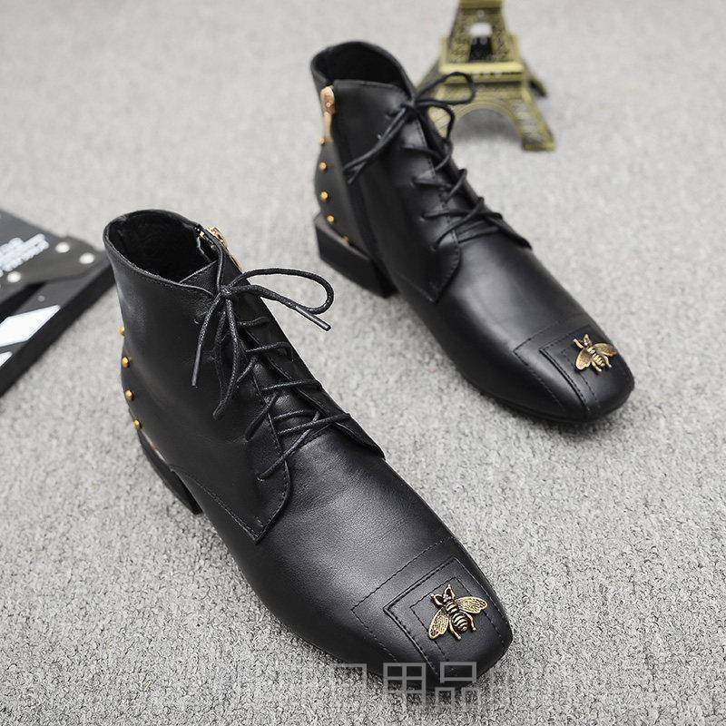 正品2024新款秋冬季鞋平棉女鞋真皮底短靴女裸靴马加绒里丁靴女英