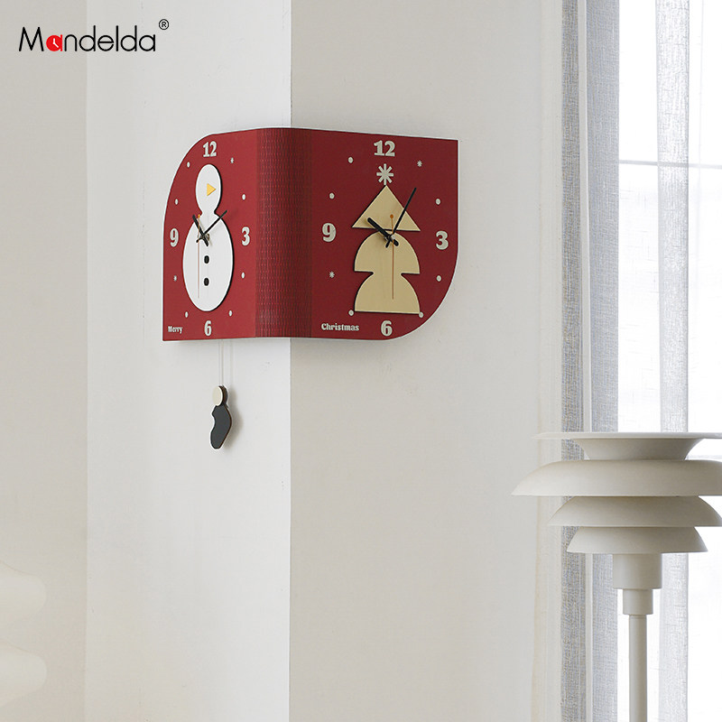 Mandelda免打孔双面转角挂钟家用客厅钟表现代简约拐角创意时钟