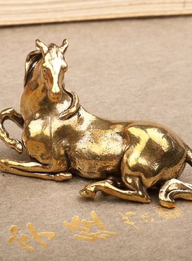 做旧旺财黄铜马卧马桌面生肖家居客厅茶台茶宠工艺品茶桌摆设摆件