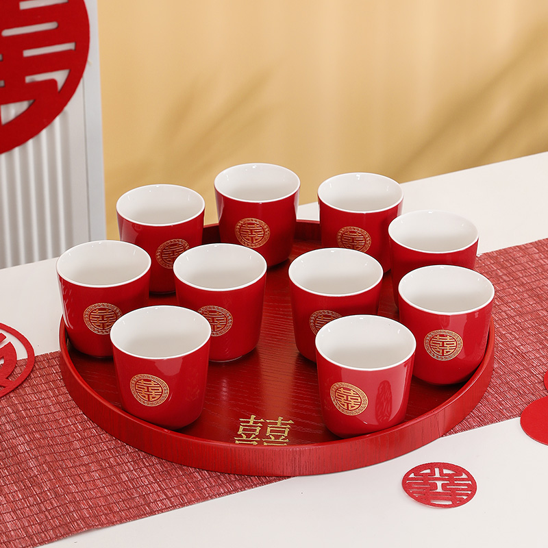 结婚用品改口敬茶杯装单个陶瓷茶杯婚礼红色茶具敬酒陪嫁大全