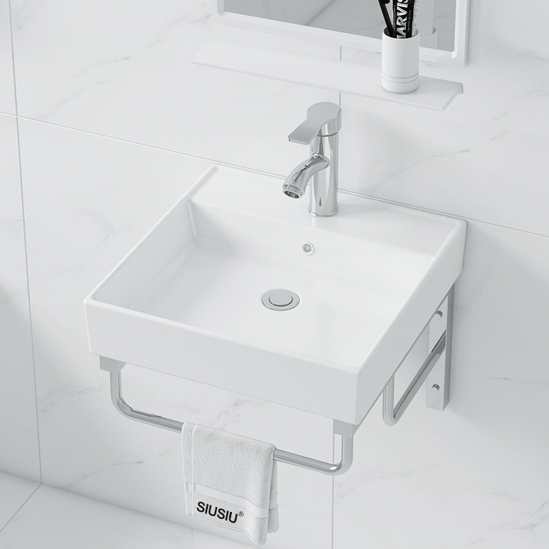 简约挂墙式洗手盆不锈钢支架陶瓷洗脸盆小户型卫生间一体简易台盆