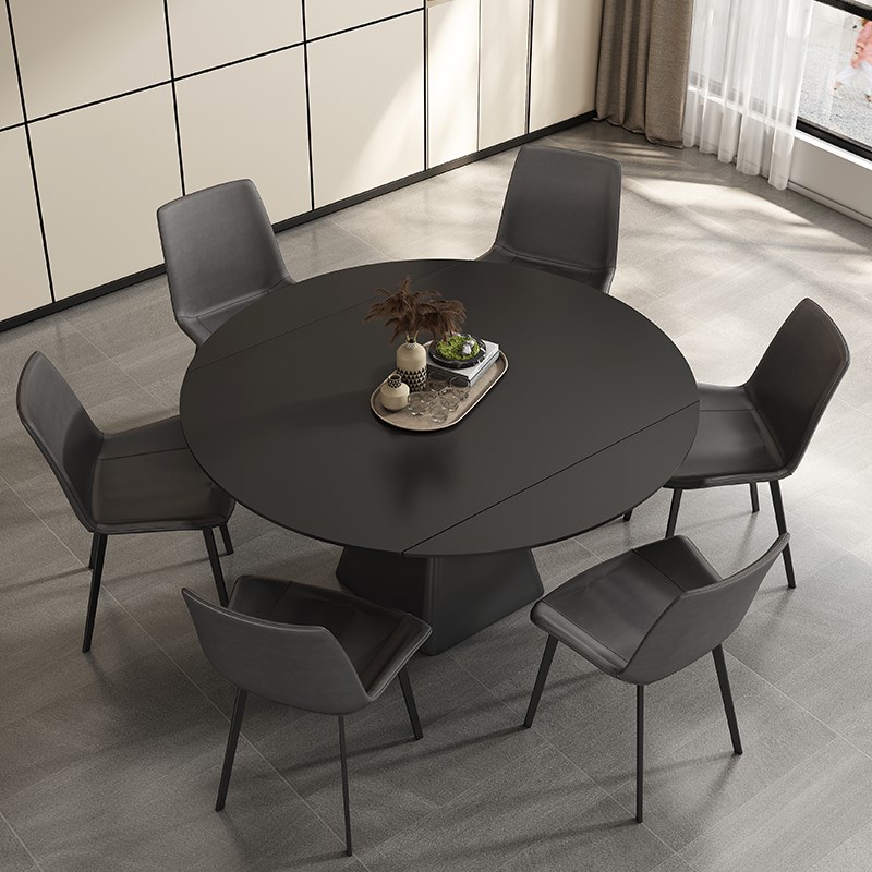 黑色岩板餐桌可变圆桌简约现代家用小户型方圆两用旋转伸缩变形桌